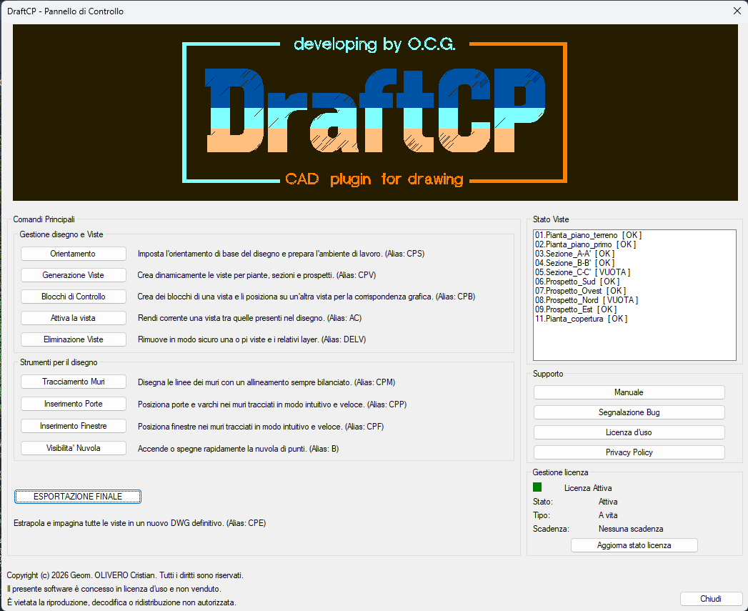 La Dashboard di DraftCP: il pannello di controllo che mostra l'elenco completo delle viste di un progetto reale