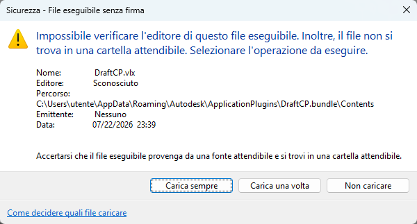 Finestra di sicurezza di AutoCAD con richiesta di caricamento di DraftCP.vlx