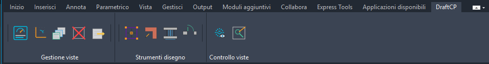 Scheda DraftCP nel Ribbon di AutoCAD con i pulsanti di tutti i comandi