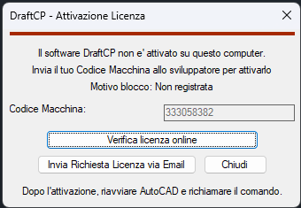 Finestra di attivazione licenza DraftCP