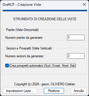 Finestra di configurazione iniziale della Creazione Viste