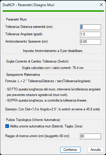 La finestra DraftCP - Parametri Disegno Muri con tutti i campi di tolleranza