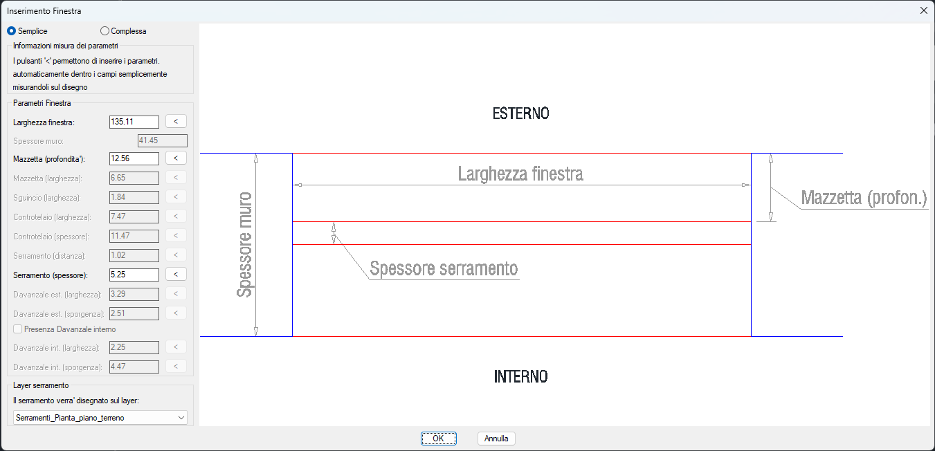 Finestra di dialogo Inserimento Finestra in modalità Semplice con parametri e anteprima grafica