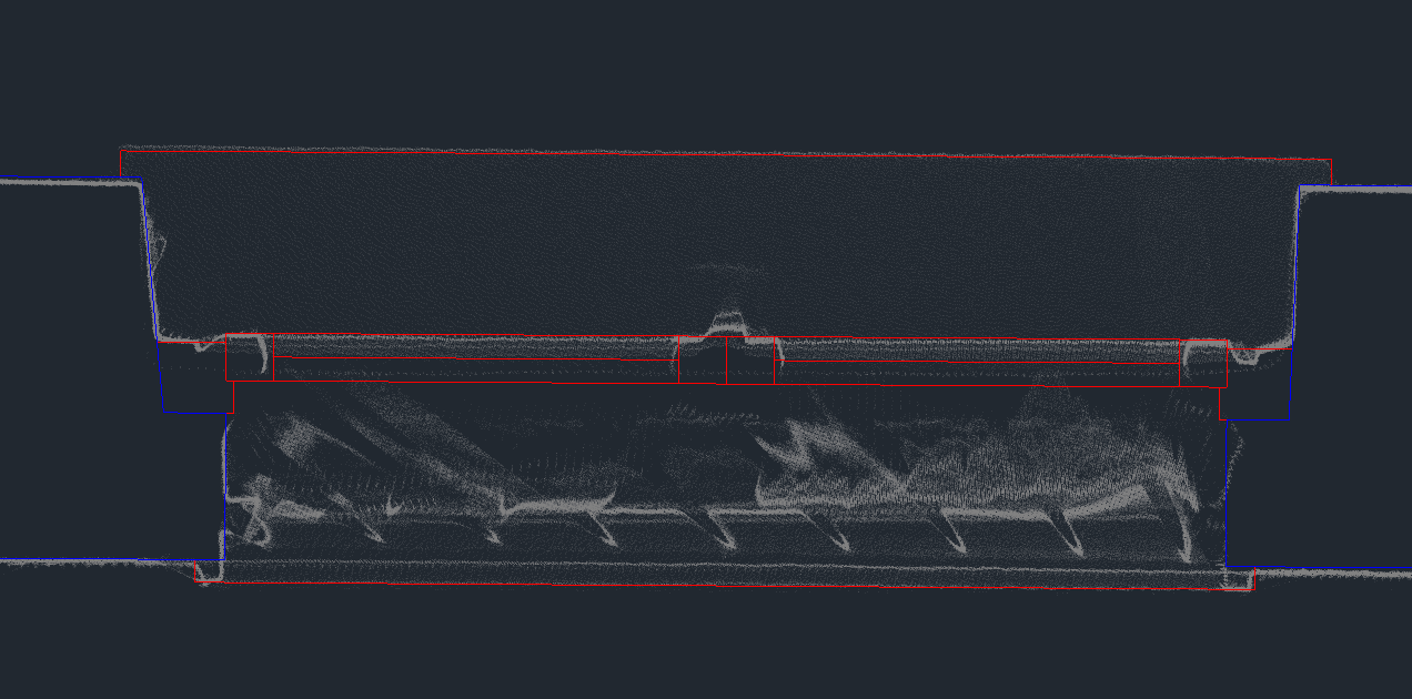 Dettaglio di una finestra complessa inserita: linee rosse per il serramento, linee blu per il muro, su sfondo della nuvola di punti