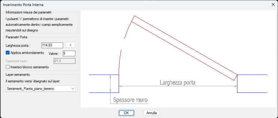 Finestra di dialogo Inserimento Porta Interna con anteprima grafica e parametri