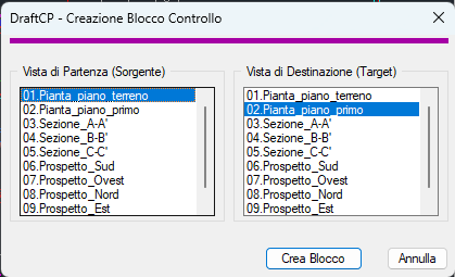 La finestra DraftCP - Creazione Blocco Controllo con le due liste affiancate