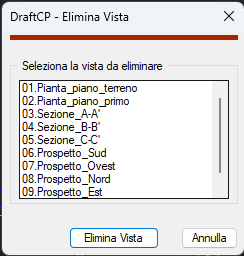 La finestra DraftCP - Elimina Vista con la lista delle viste selezionabili