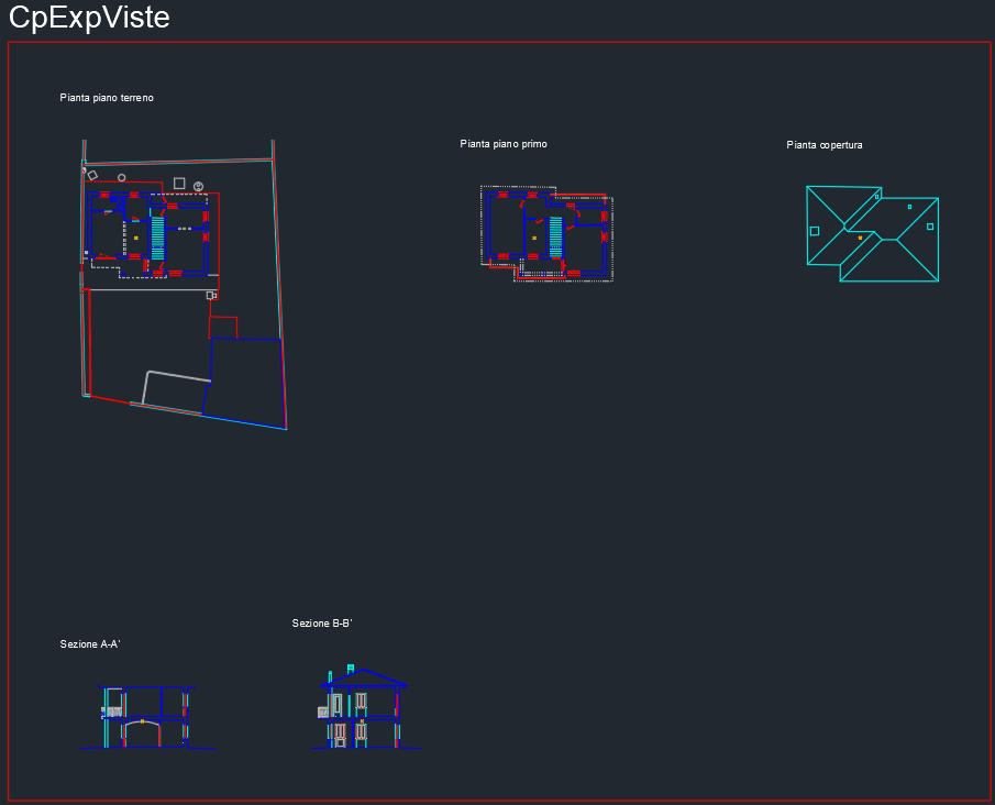 Il file DWG esportato con piante nella riga superiore e sezioni in quella inferiore